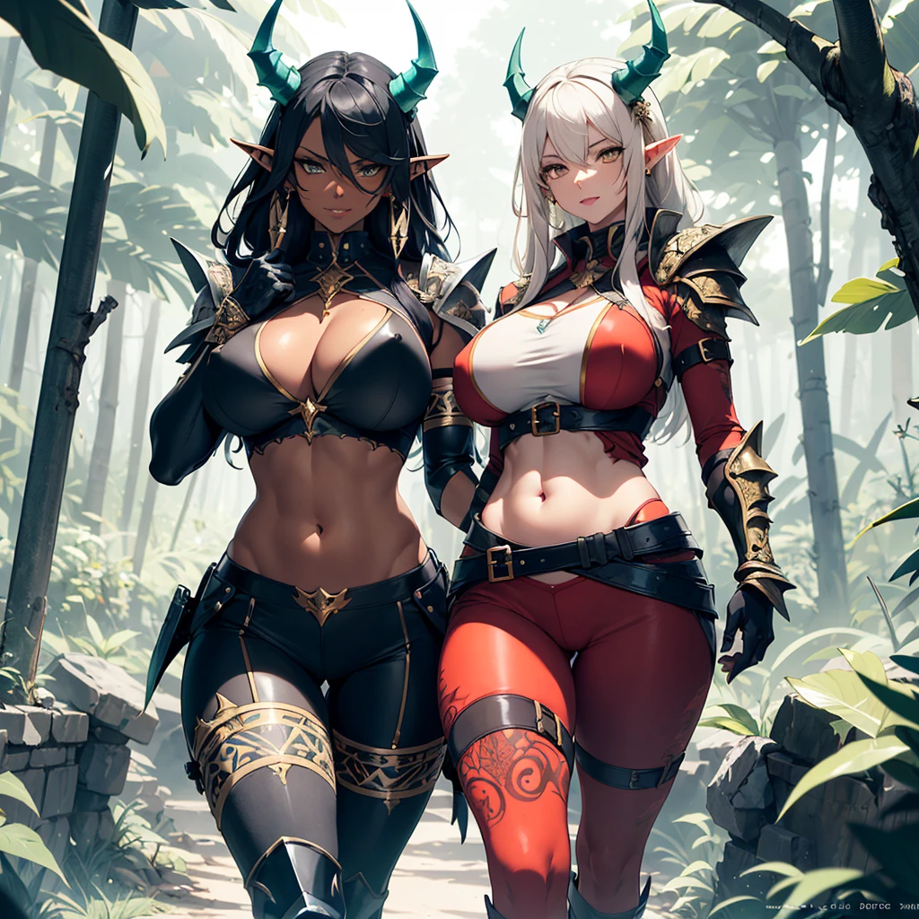 ((best quality)), (detailed), 1 women big pornstar heavy knight armor, 8k_wallpaper, extremely detailed eyes, (large masterpiece digital art), (intricate details:1.3 ), (ultra-detailed:1.3), (sharp focus:1.3), (natural lighting:1.05), (vivid colors:1.3), (best quality:1.4), expressive eyes, full body, detailed face, beautiful face, perfect face, ((hair sandy white curls)), ((gold horns)), (gold eyes), {{dark skin}}, ({dark skinned female}), big breasts, huge chest, big wide ass, powerful relief muscles of the abdomen and legs, powerful strong muscles of the arms, belly piercing with blue emeralds, cruel predatory and cold-blooded arrogant look and smile, an open red coat with rolled up sleeves, a translucent blue crop top very clear outlines of huge pointed nipples with large piercings under the fabric, steel combat pauldrons, steel bracers and leather gloves, leather shorts under which I can see the clear outlines of a big vagina, walks along the path against the backdrop of a ruined elf village and flowering vines and wild forests, style fantasy and adventure world,