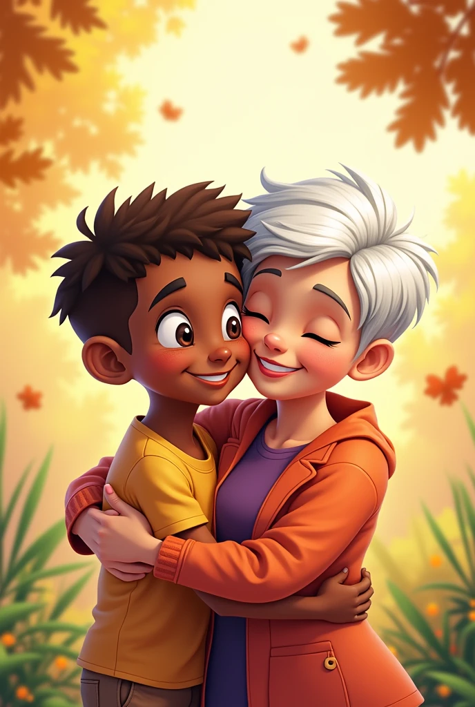 Cartoon illustration in the style of Discovery Kids of a 50-year-old woman with white pixie cut hair lovingly hugging her 6-year-old brown-skinned grandson with shaved brown hair