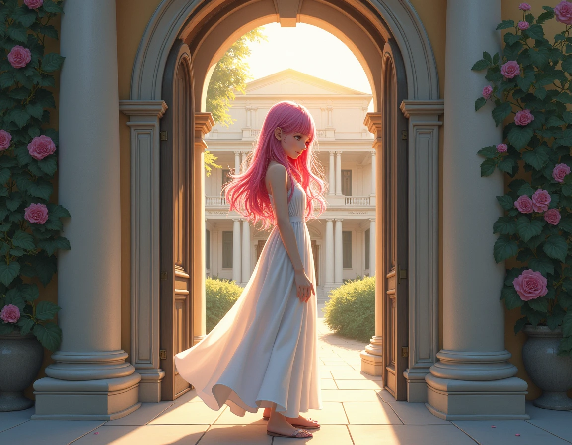 Masterpiece, best quality, super detailed, illustration, beautiful detailed eyes, close up, 1 girl, pink hair, white dress, villa doorway, standing position, face down