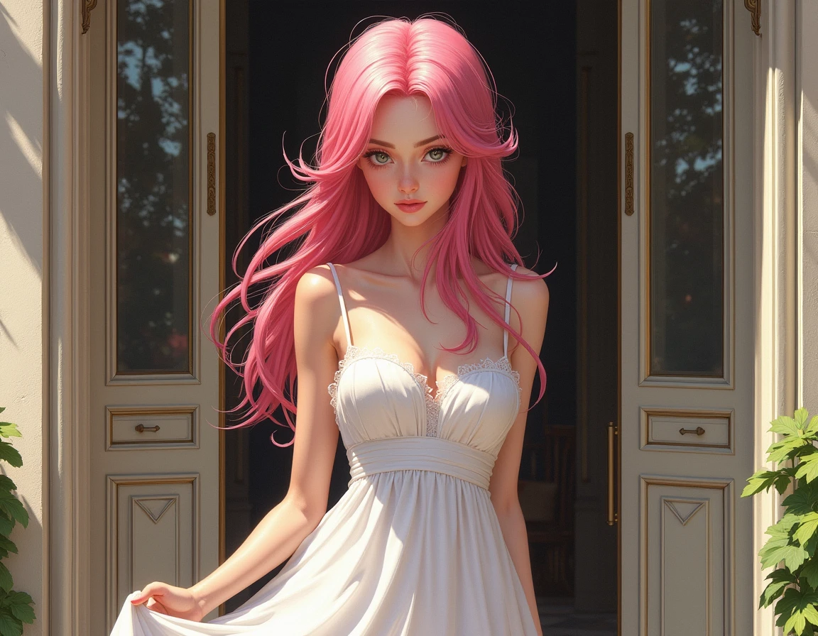 Masterpiece, best quality, super detailed, illustration, beautiful detailed eyes, close up, 1 girl, pink hair, white dress, villa doorway, standing position, face down