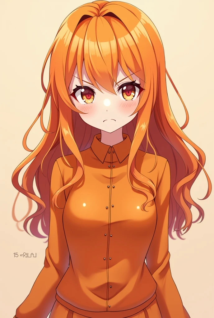 Beautiful anime character, adorable in a deep orange outfit, bright orange hair, angry and frowning, la week