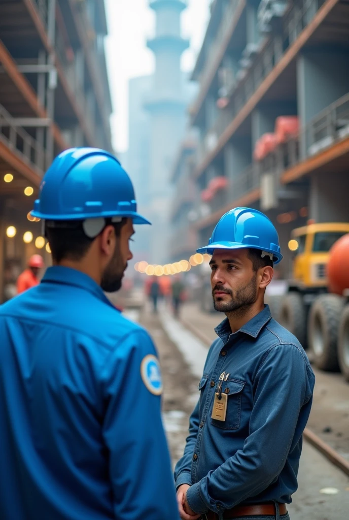 Picture 1: A man is on a construction site, carefully observing the progress of one of the construction stages. He wears a blue safety helmet and has a concentrated look, analyzing important details of the work being done. Ao fundo, you can see construction workers and equipment, With scaffolding and concrete mixers, with touches of blue on the structures or on the workers' uniforms. The atmosphere is one of focus and dedication to the project, with blue as the predominant color, conveying calmness and professionalism.

Imagem 2: In a building materials store, a man is talking to a salesperson. The environment is marked by shades of blue, from the salesperson's uniform to the shelves and signage inside the store. The man seems to be asking for tips and advice on how to proceed in a specific stage of his construction. The seller, who is uniformed with a blue shirt and an identification badge, is providing information and suggesting products that may be useful. The scene conveys a feeling of seeking guidance and expertise, with blue reinforcing the reliability and clarity of the information.