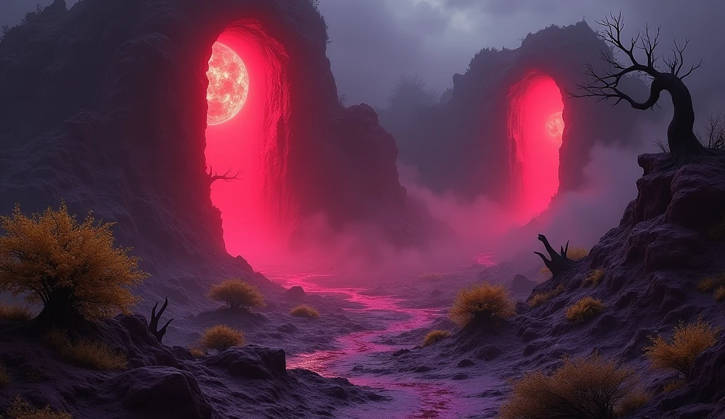 Demonic landscape to the horizon, purple grass, purple ground, yellow trees, yellow bushes, red portals,