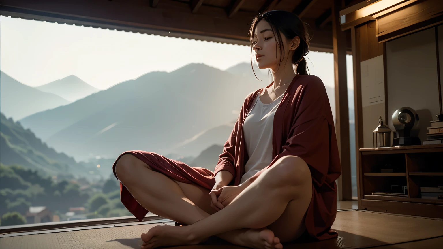 Person meditating. Loose Clothes. feeling of serenity. Background of a fantastic world. cinematic lighting