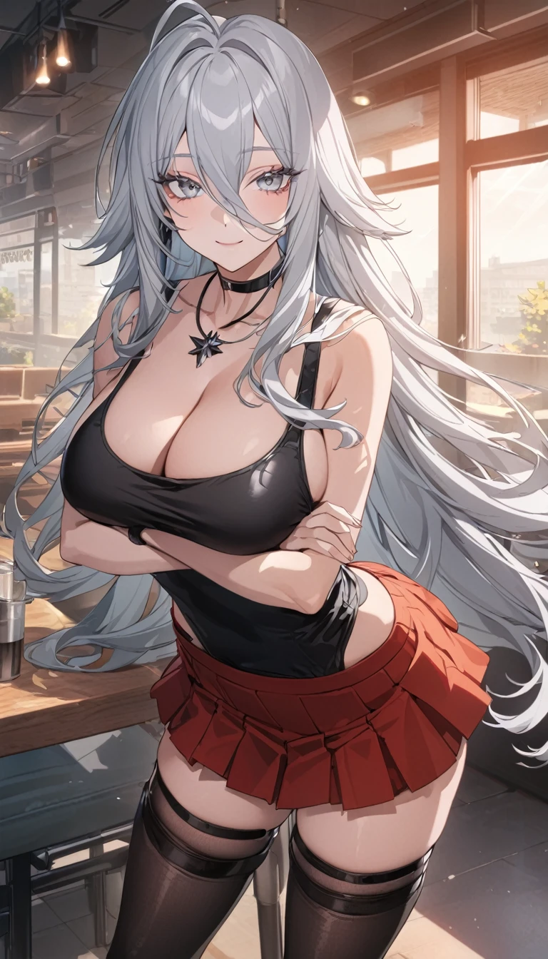 sovetsky_Soyuz, grey hair, long hair, choker, necklace, bracelets, bare shoulder, thigh high stocking, black tanktop, red short skirt, frilly skirt, Boots, large breasts, cleavage, first rate breasts, grey eyes, sharp eyes, Long eyelashes, symmetrical eyes, eye shadow, ominous vibe, expressionless, smiling, relaxing, anime, aesthetic, Anime screenshot, Ultra quality, UHD, high detail, morning, restaurant, standing, arms crossed, one girl