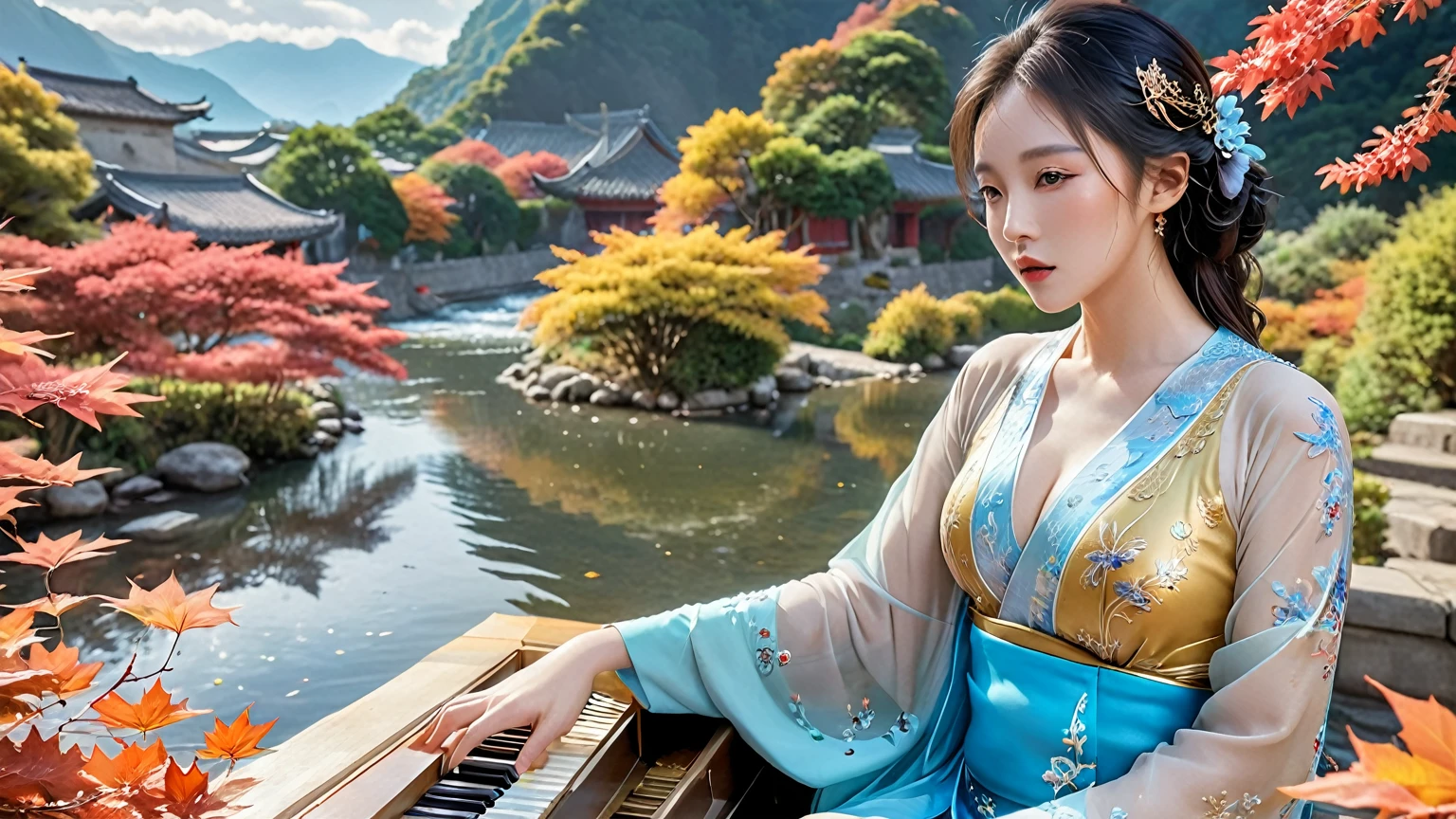 masterpiece, high quality animation, hyper-realistic aesthetic photo, (HDR:1.2), pore and detailed, intricately detailed, graceful and beautiful textures, RAW photo, 16K, sharp focus, cinematic lighting, (vivid colors), (crisp details), (lyrical Chinese classical aesthetic), (beautiful landscape with mountains and water), (vibrant flowers), (flowing stream), (ultra-beautiful Taiwanese woman), (elegant attire), (white piano on the water), (autumn maple leaves)