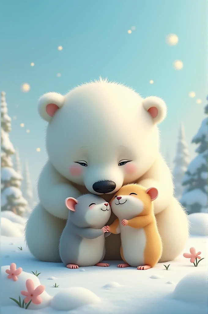 A hamster and a polar bear kissing 