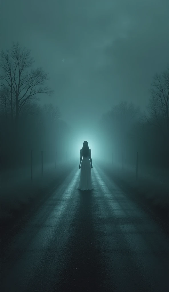 A wide view of the empty, dark road with the faint, haunting silhouette of the Lady in White visible in the distance.