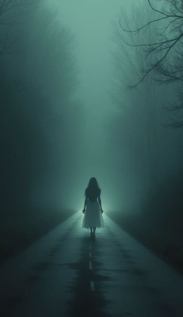 A wide view of the empty, dark road with the faint, haunting silhouette of the Lady in White visible in the distance.