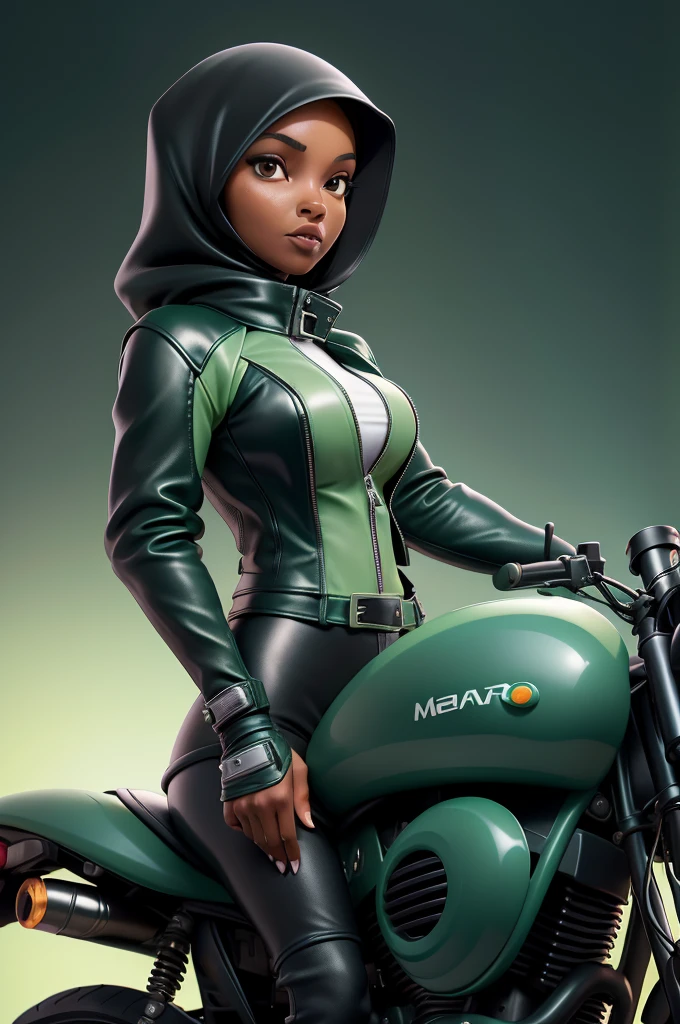 obra prima, melhor qualidade, ((only one woman,)) ((ilhan omar, dark black skin, black leather muslim hijab)) looking over shoulder at me, massive erect cone tits, ((wearing metallic green leather biker moto jacket,)) ((jacket has padded shoulders, jacket has stiff high collar,)) (((wearing jade green leather pants,))) body is very skinny, arched back, hand gripping handle, ((riding motorcycle, extreme closeup view, side front view of upper body,)) shallow depth of field, highres, HD, 8k, anatomically correct