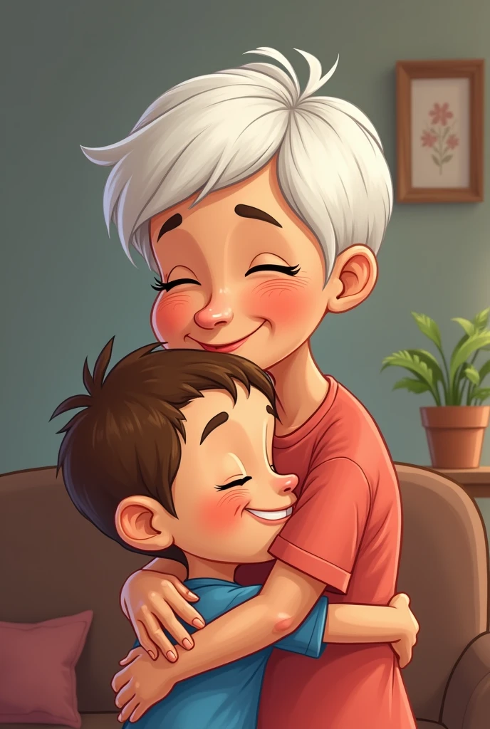 Cartoon illustration of a 50-year-old woman with white pixie cut hair lovingly hugging her 6-year-old grandson with brown buzz cut hair