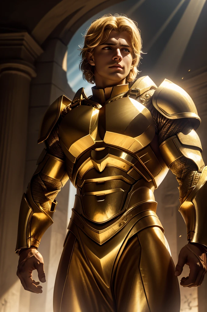 Cinematic film still featuring Alexander the Great with blonde short hair, portrait focuses on sharp features, reflective intensity in eyes, intricate armor conveying nobility, backlighting creates halo effect on hair, captured in 8K resolution, ultra fine details, dramatic lighting.