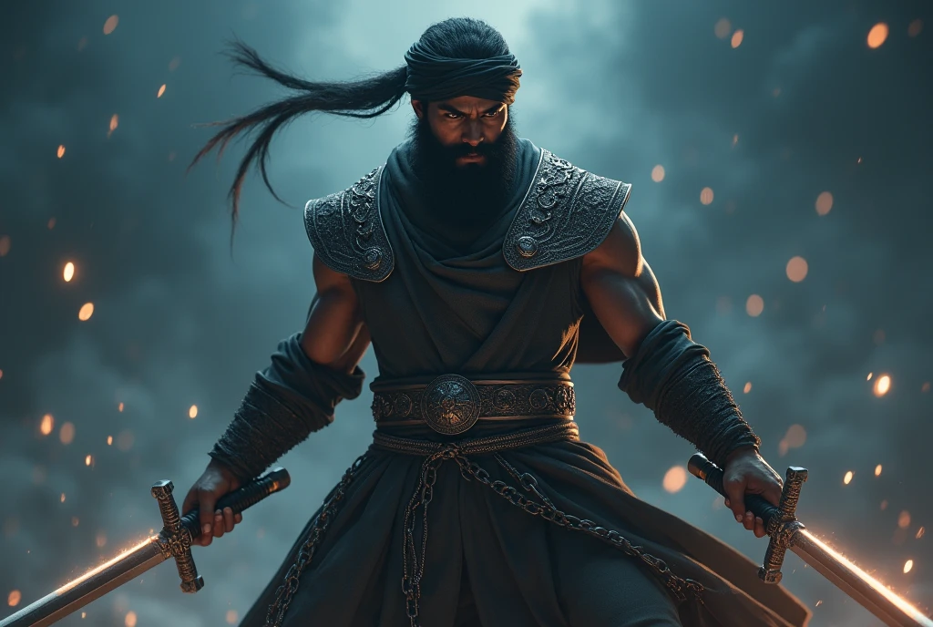 Profile,, battle pose, Muslim warriors, black men , middle body, (Has black hair and a beard),(Cover the whole body in armor, ((Chinese sword in both hands)) , ((He wears a chain clothes, and Wearing a turban, body light armor))) , night ((Anatomically correct,Surrealism, uhd, retina, accurate, anatomically correct, textured skin, super detail, high details, best quality, 8k))