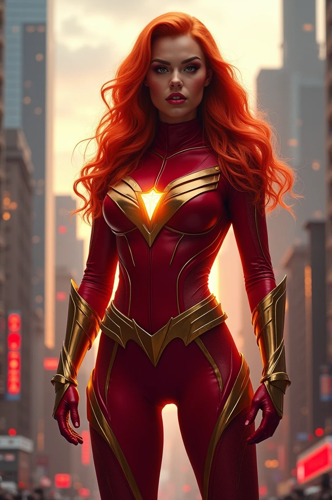 Create an image of a red-haired superheroine named Lady Cis