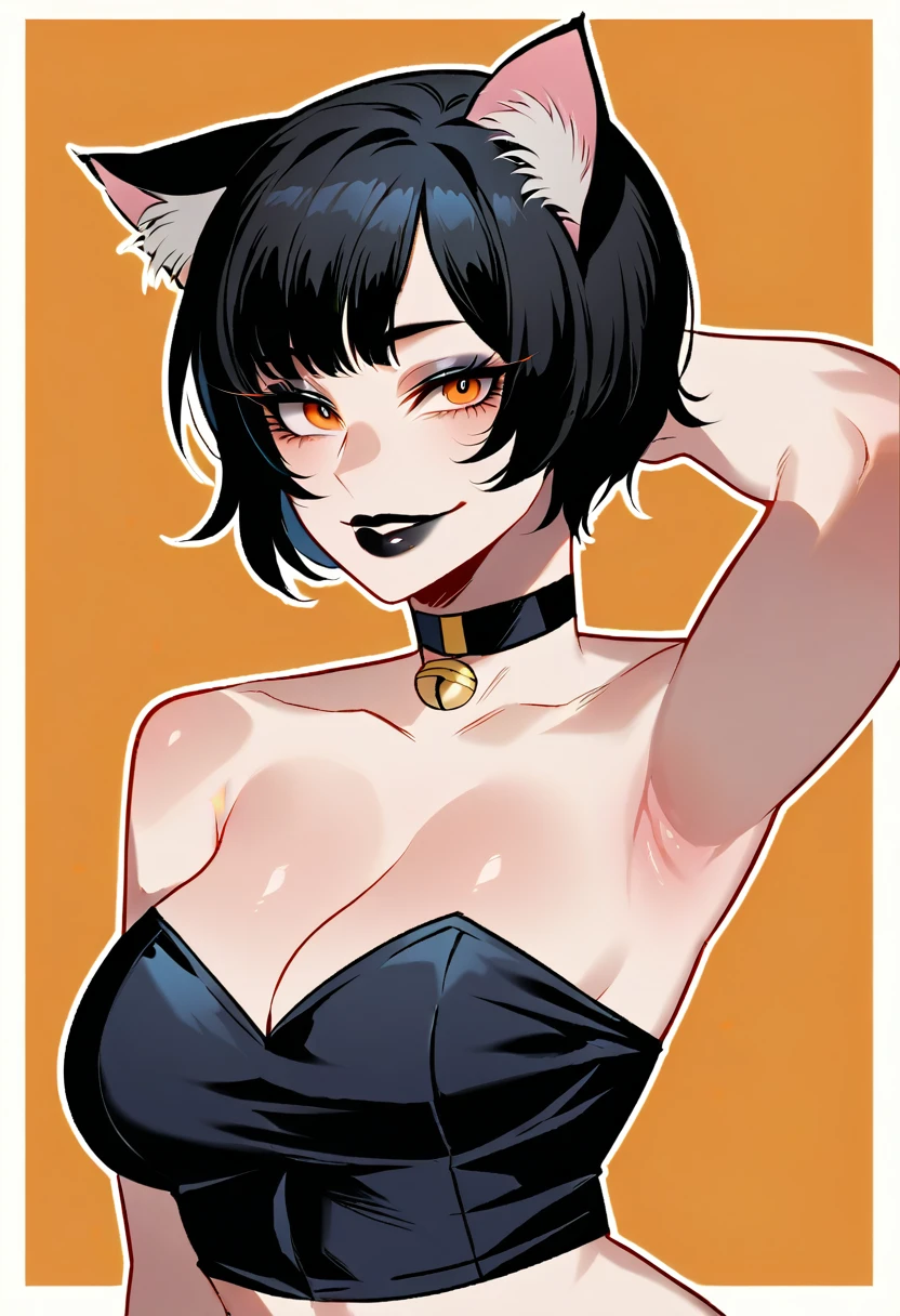score_9, score_8_up, score_8, medium breasts, (curvy), cute, eyelashes, BREAK, , upper body, black background, 1girl, solo, looking at viewer, short hair, black hair, crop top, cat ears, busty, animal ears, sleeveless, strapless, orange eyes, upper body, makeup, choker, lipstick, eyeshadow, orange background, black lips, BREAK, smile, looking at viewer, abstract background, white outline, cowboy shot, embedding:zPDXL, Expressiveh,