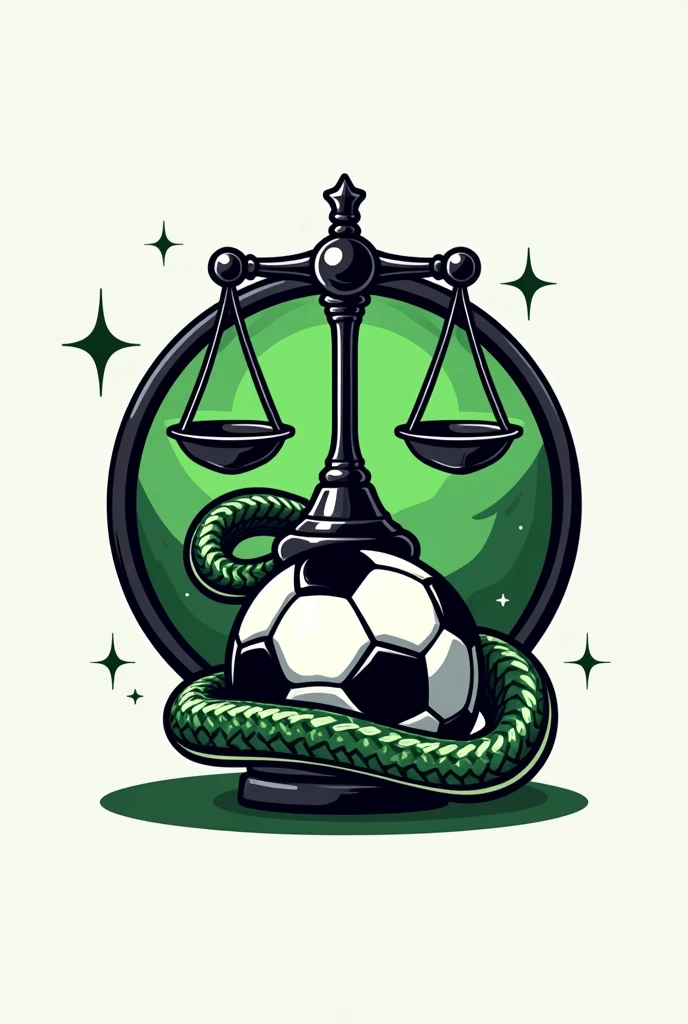  Cartoon round logo for a black and white football team with green details featuring a weight scale and a snake.