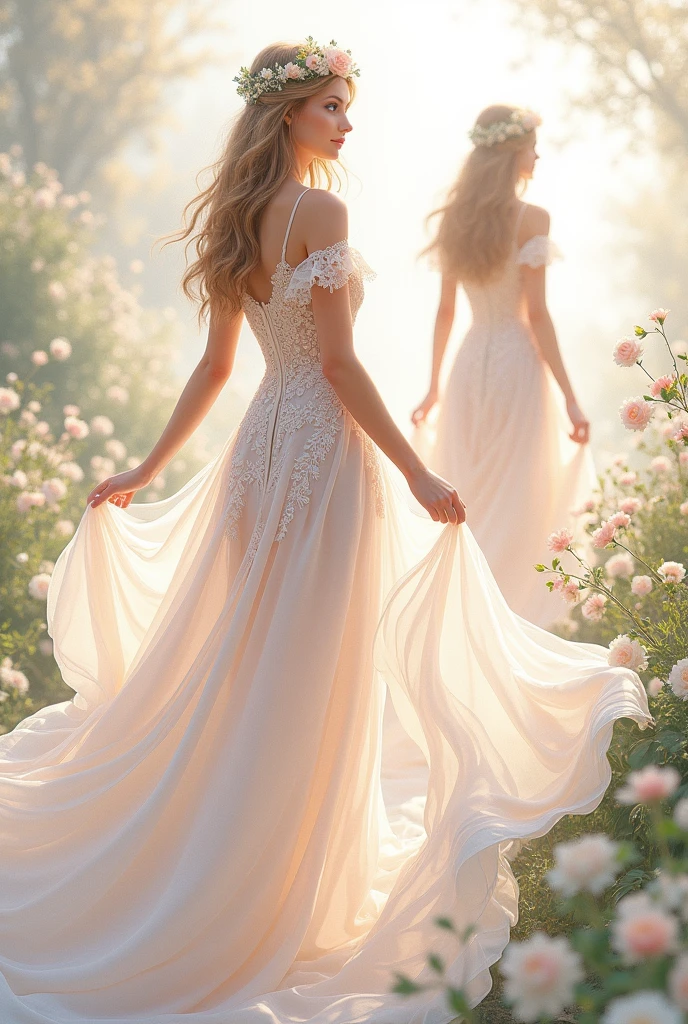 Create for me sketches of dresses inspired by flowers, with lace in its fabric
