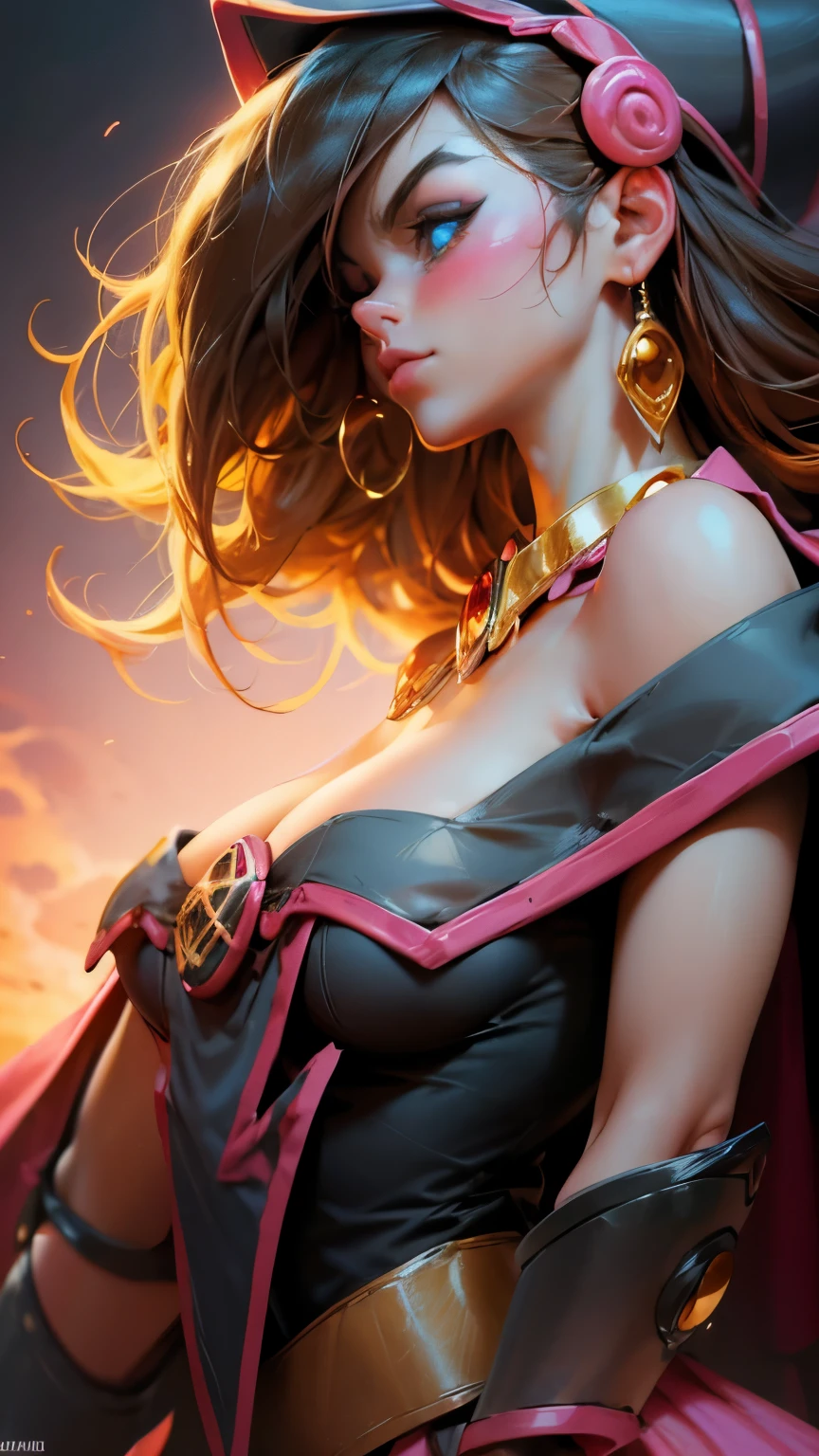 Beautiful face of dark magician gils. blue eyes. brio in the eyes. Large and thick false eyelashes, pink lips. blush on the cheeks, profile pose. Looking at one extreme. gold earrings. gold necklace. Thin neck. Long golden hair. Great cleavage. big breasts.