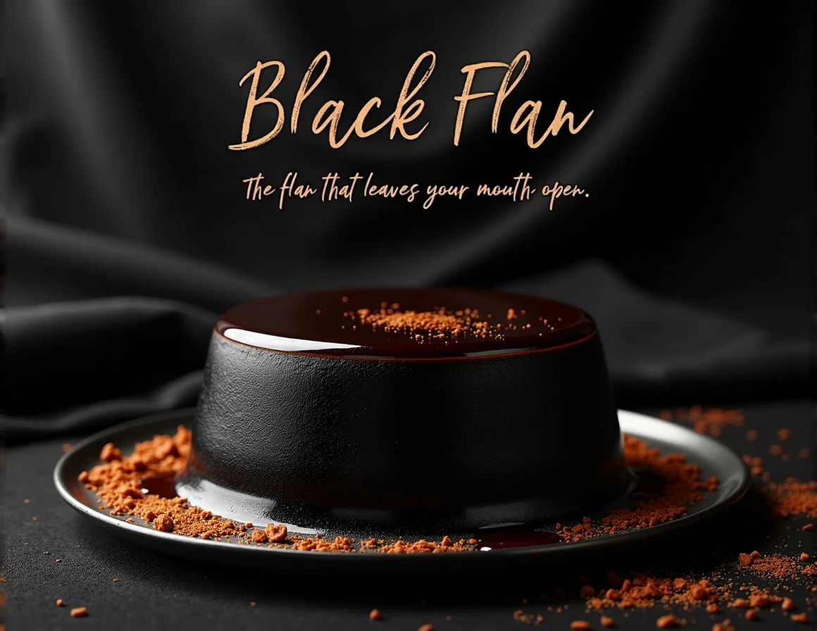 I want a poster to advertise the sale of flan. You are a professional copywriter, Expert in creating eye-catching posters. Use your skills to create 2 posters that will make people want to buy my products. Search for images. With the name of: the black flan and the slogan that says: the flan that leaves your mouth open, writes: Of. hipica #20