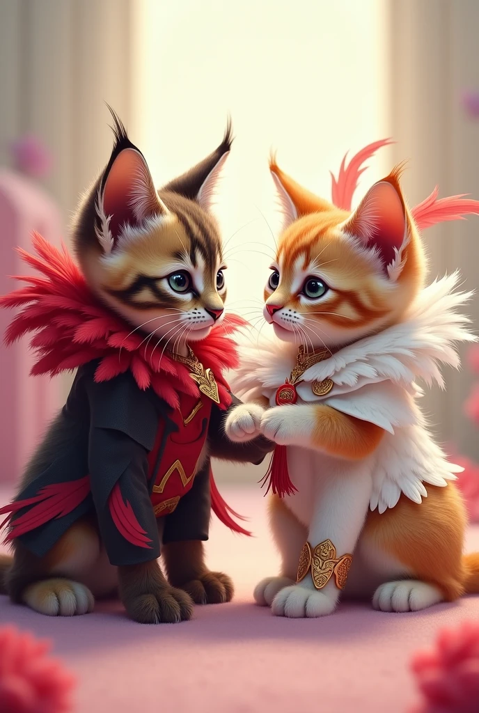 Kitten dressed as Xayah from League of Legends and kitten dressed as Rakan from League of Legends