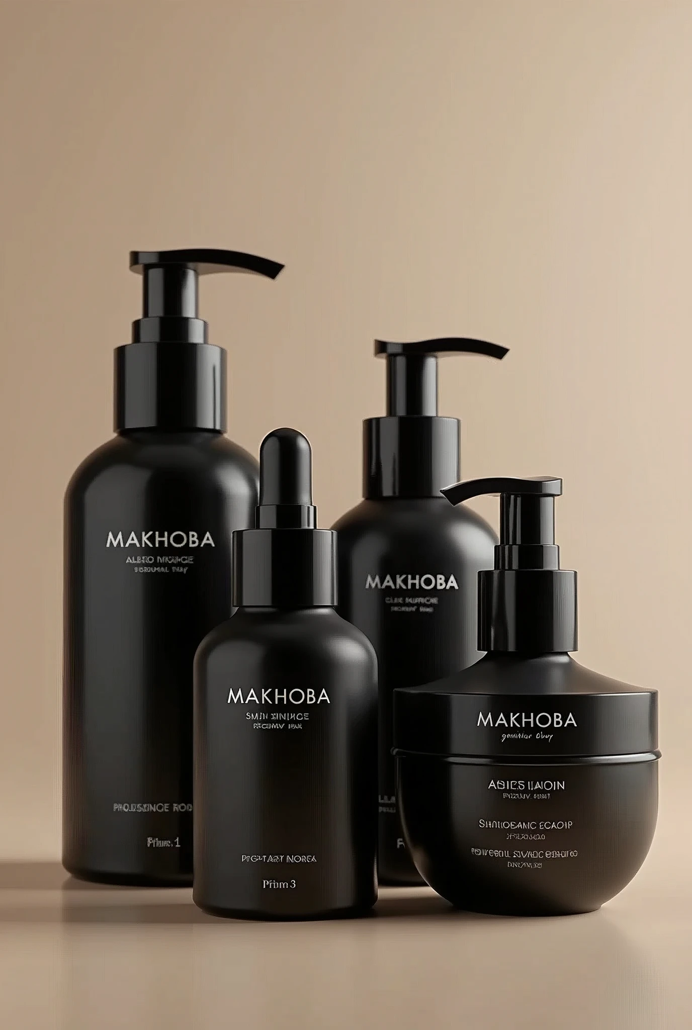 Generate skin care products from the "MAKHOBA" brand , consisting of salicylic acid and glycolic acid and niacinamide acid and facial cleanser, serum, moisturizer SPF, facial scrub, sensitive skin soap, an instant working Benzoyl peroxide solution 3 day solution, a acne scar mask for 1 week , lip scrubs , lip glosses and toners , make it a luxurious brand with elegance. Make the products black , make the products details, like CeraVe products. Include LIP PRODUCTS!