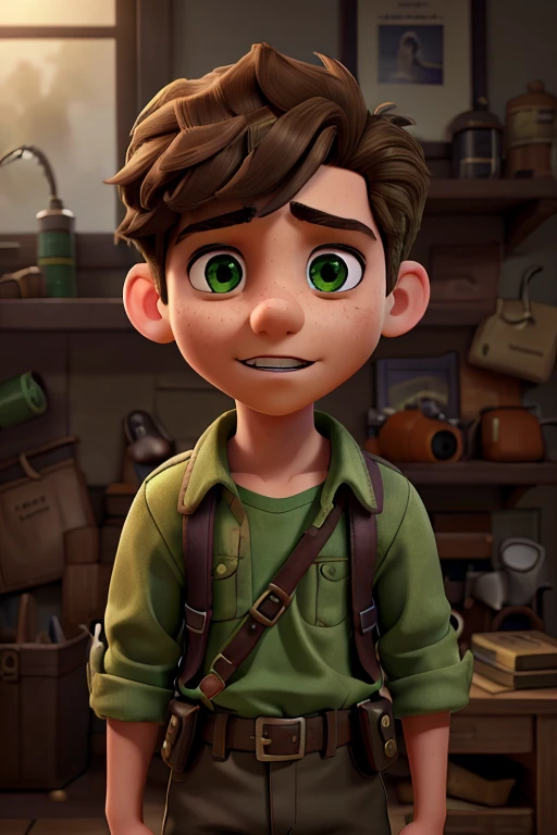 A 12 year old boy with green eyes, afraid, brown hair, braces, walkie-talkie, detailed face, portrait, cinematic lighting, moody atmosphere, realistic, photorealistic, 8k, highres, detailed textures, beautiful colors, dramatic shadows, intricate details
