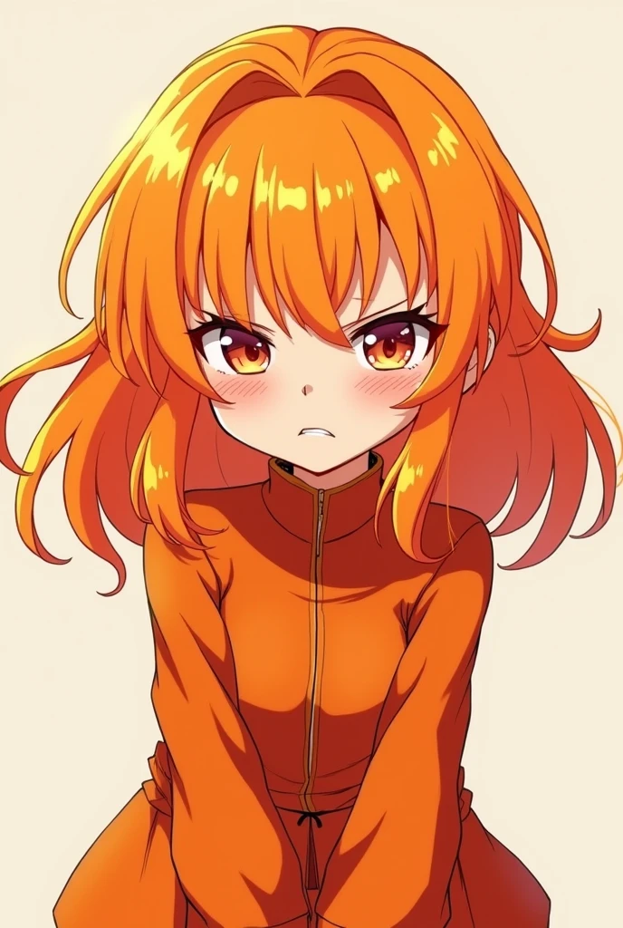 Beautiful anime character, adorable in a deep orange outfit, bright orange hair, angry and grumpy, la week