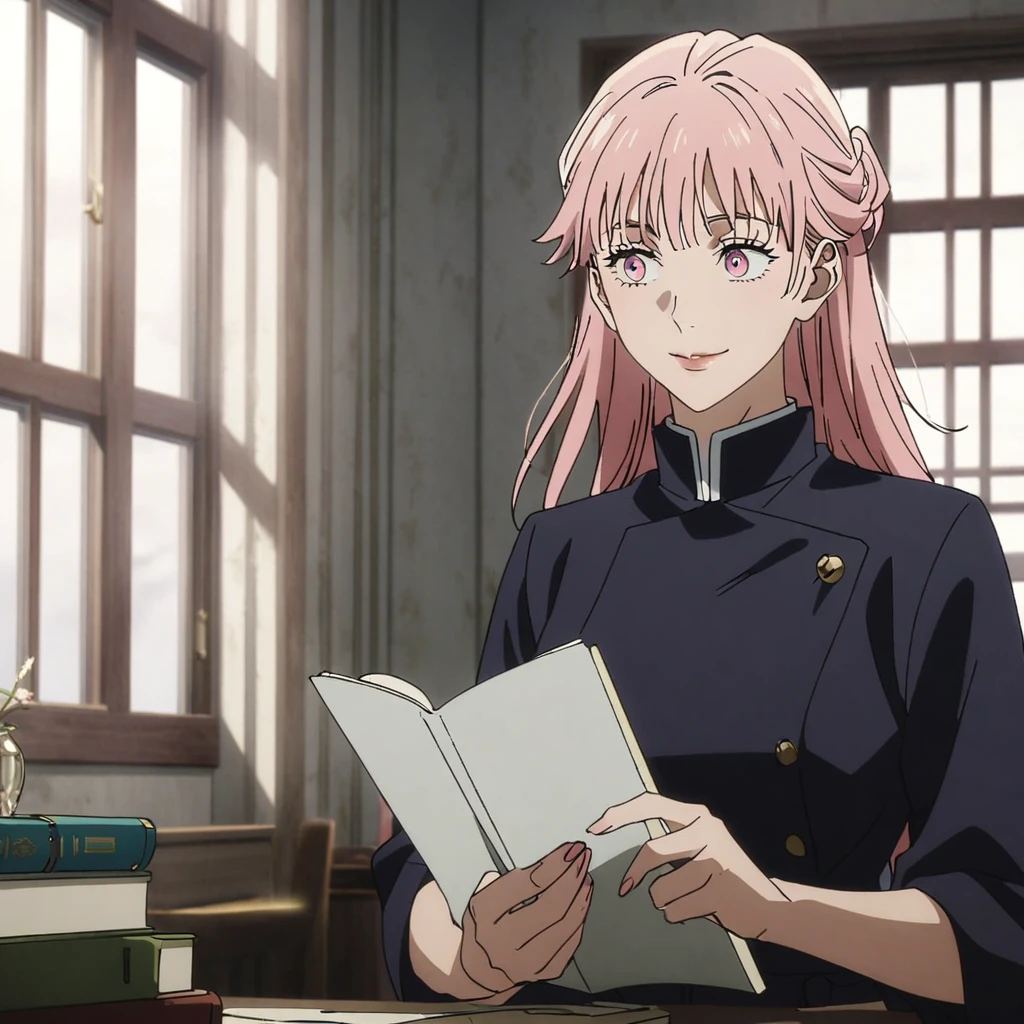 1 girl, woman gojo satoru, jujutsu kaisen anime screenshot, gojo satoru female version, Alone, long_hair, rosa_hair, window, old, Superior_body, smile, inside, book, hits, light pink_eyes, Lips, Young, short hair
