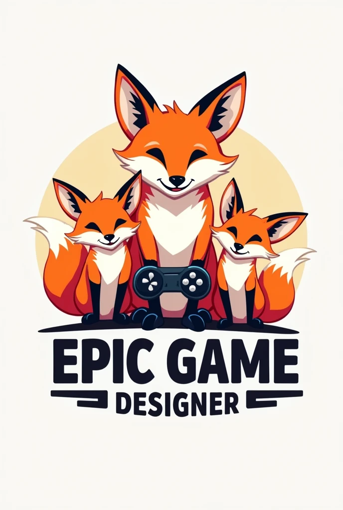 A logo featuring two female foxes and a male fox holding a video game controller, Written on the Epic Game Designer logo
