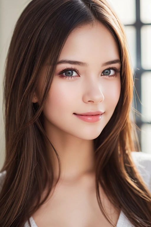 (One Girl), Very cute face, Great face and eyes, (Highly detailed eyes, Highly detailed face), Fresh, Very beautiful appearance, (Ultra-realistic, High resolution), (Highest quality:1.4), RAW Photos, (Realistic, Photorealistic:1.37), Professional photography, smile, (Look at me), Portrait of a Girl,indoor