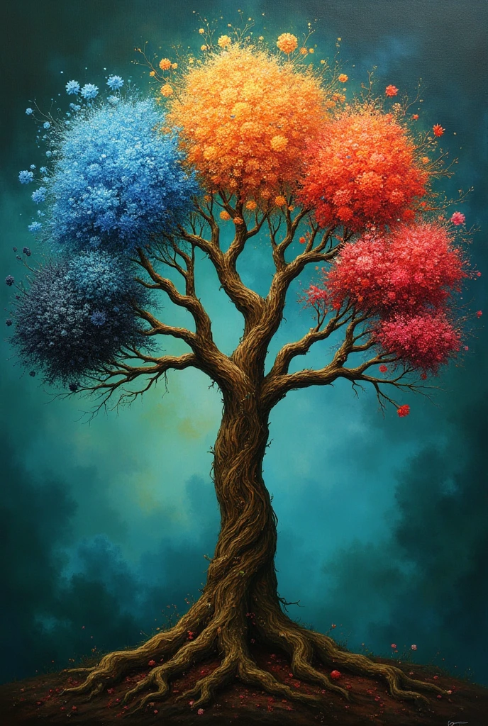 a magical tree with 7 branches, each branch with a different color, from left to right, (first branch blue flowers), (2nd branch orange flowers), (3rd branch red flowers), (4th branch aqua green flowers), (5th branch black flowers), (6th branch white flowers), (7th branch deep green, surrealism + baroque + oil_painting 8k resolution, super detailed,