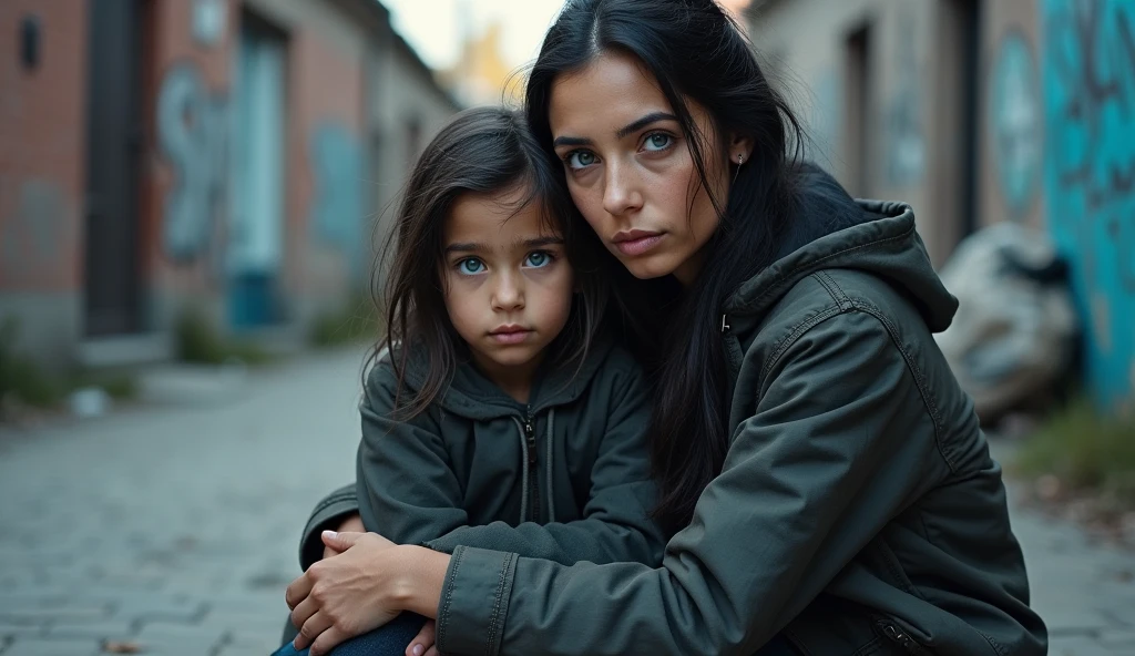 Real professional photograph of two people as the main subjects of the photo, an adult woman and her 8--old ghter. They have vibrant blue eyes and long black hair, which is a little messy. They should be sitting together on a sidewalk in a run-down urban environment, with the mother welcoming her daughter. They should both have beautiful, well-defined but somewhat dirty faces and should be looking directly at the camera with serious, introspective expressions, conveying a sense of sadness and vulnerability. They are wearing worn, simple clothes in dark, neutral tones, looking as if they are homeless. The lighting should be soft and natural, coming from the left, highlighting the vibrant blue eyes of the woman and the girl, and creating subtle shadows on their faces. The background should be blurred, but still recognize elements of a degraded urban landscape, such as faded graffiti on a wall, garbage or debris, and other structures that suggest poverty and abandonment. The sidewalk should be visible, with a rough texture and signs of wear. The color palette should be cool and desaturated, with soft shades of grey, brown and blue, emphasizing the sombre and melancholic atmosphere of the scene. The image must be high-resolution, with professional photographic quality and attention to detail that conveys the realism and harshness of life on the streets. 8k rendering, extreme detail, realistic portrait.