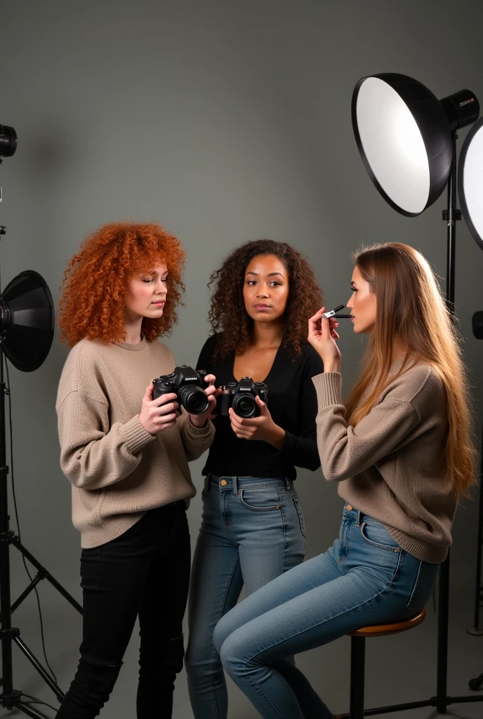 A group portrait of three young women working together in a photography studio. The first one is a redhead with curly hair photographer, holding a camera and concentrating on taking pictures. The second is a brunette photographer, also with curly hair, holding another camera, capturing images in the studio. The third is a makeup artist, a fair-skinned young woman with long, straight hair, holding makeup brushes and working on their materials. The scene takes place in a professional photography studio, with a neutral background and lighting equipment around, creating a creative and collaborative atmosphere. The three are dressed in modern, casual clothes., reflecting your individual style.
