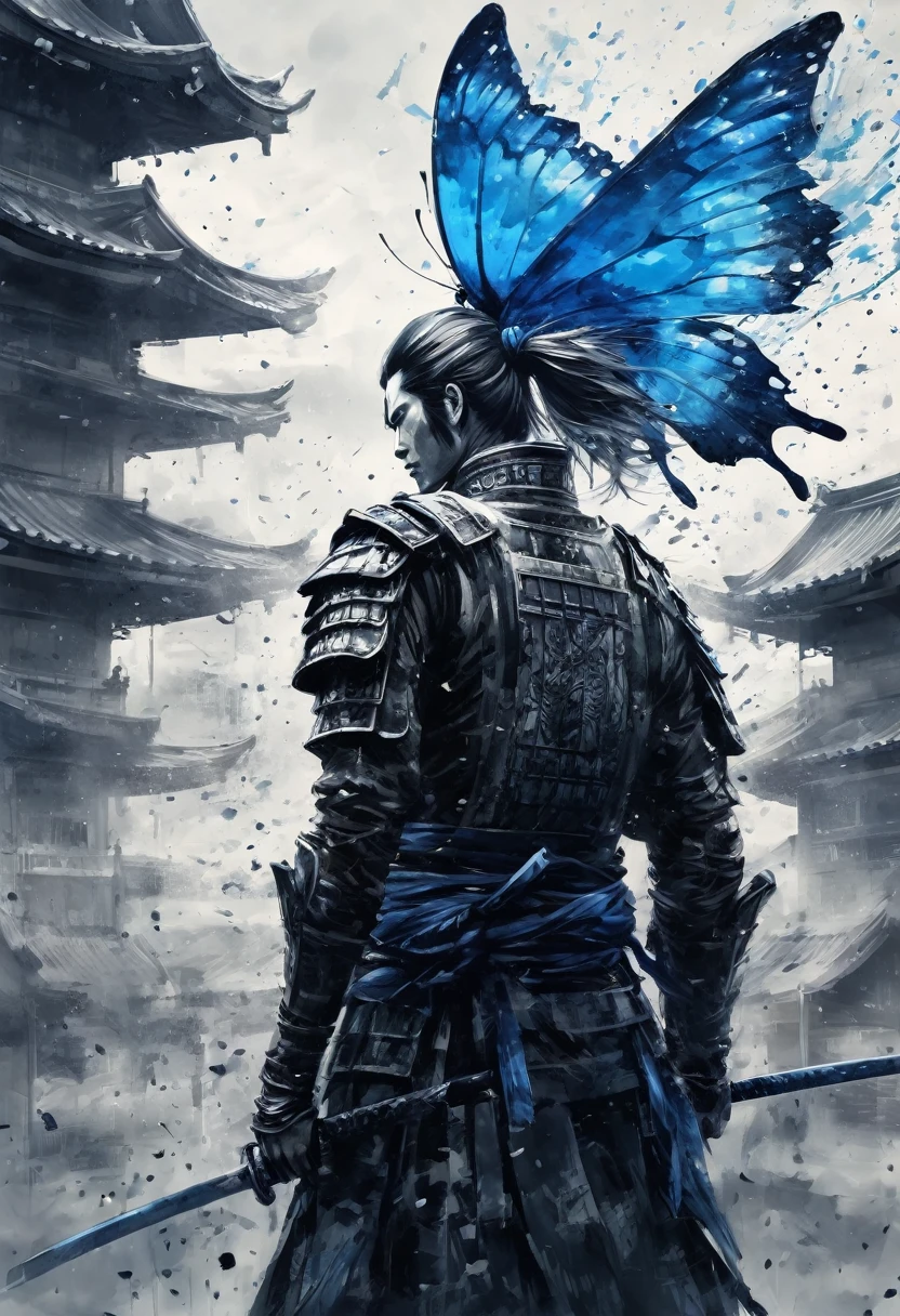 Ink Painting,Black and white painting,splash,Beautifully detailed glass hair,JUJUTSU KAİSEN,Itadori Yuuji,Samurai Armor,(Blue Butterfly々,Feather powder),Rear view,View your viewers,(aerial photograph:1.1),