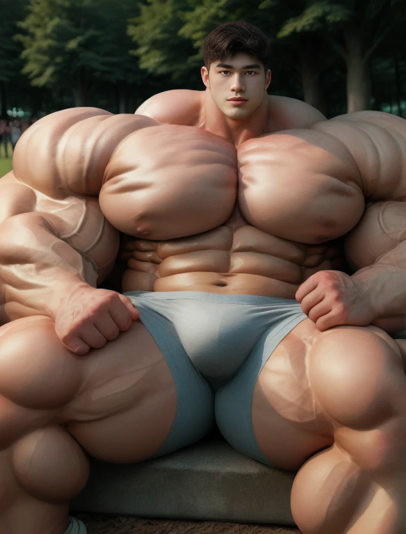 1boy, giant, asian, solo, giant bodybuilder, illuminating light, strong body, bulk, large size, sitting in any park, outdoor, nude, blue triangular underwear with enormous bulge, extraordinary big, brutalmass, giant muscular body, bulk, buff, massive body, large meaty body size, extremely wide body