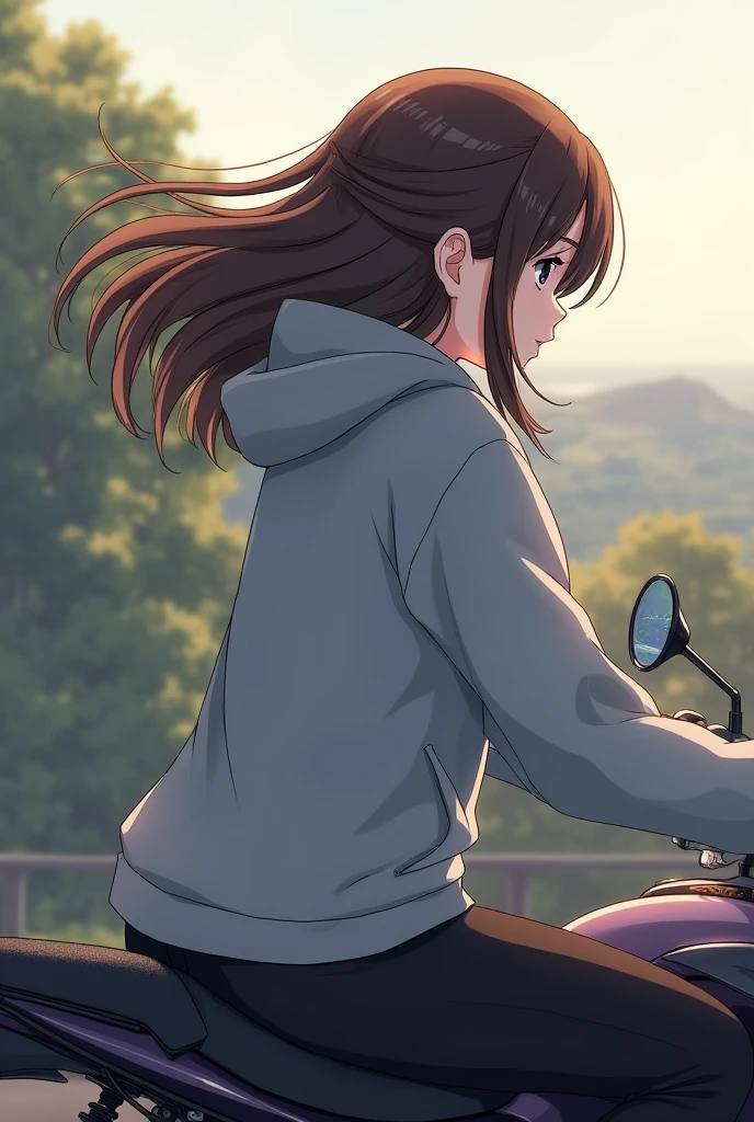 Girl with a hoodie color gray,high school girl, side view of the girl, there's a brown hair in the end of her hair, riding a motorcycle 