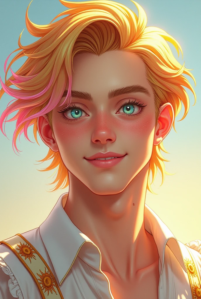 Very handsome young blond man with sun-blonde hair and a pink streak. Your eyes are bright blue-green and very beautiful. He wears a white blouse with ruffles and golden embroidered suns.. Her hair is voluminous. He has a mole next to his left eye..
He has a very beautiful and happy smile..