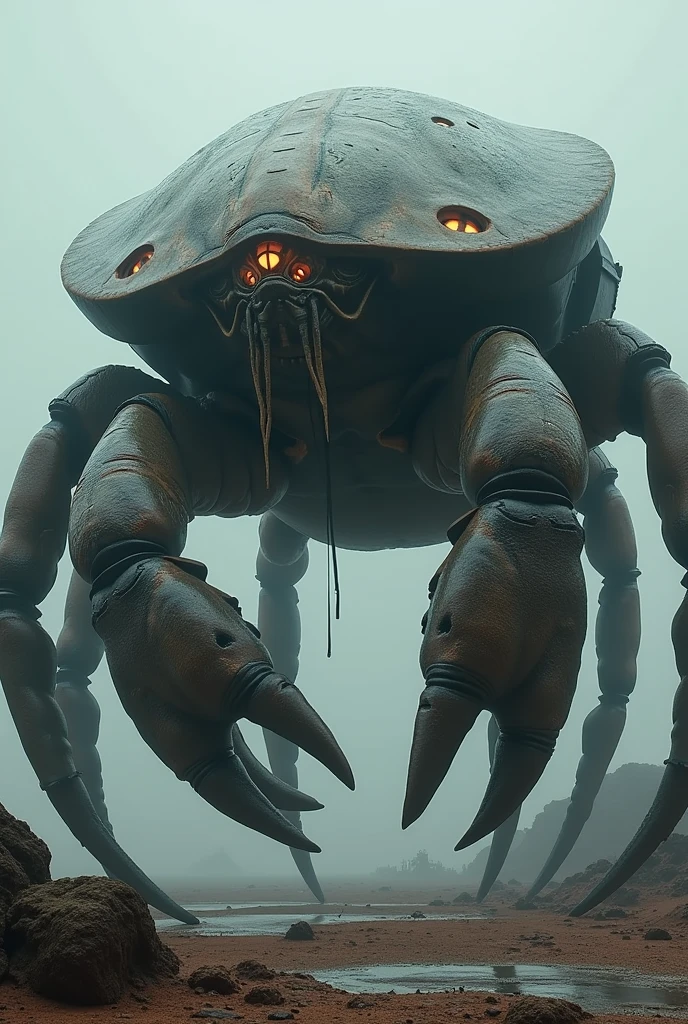 I want you to make a giant crab with a flattened body and long legs with claws. The eyes would be. big and round, like those of an insect