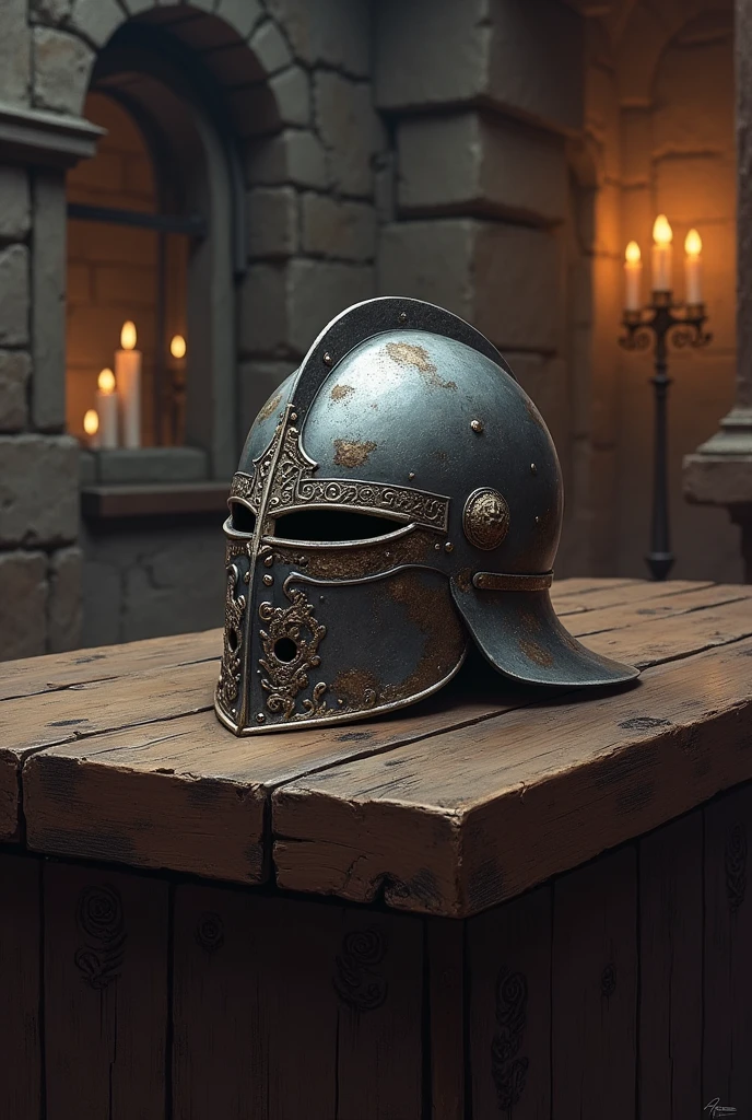 Medieval RPG illustration of a knight's helmet on a table