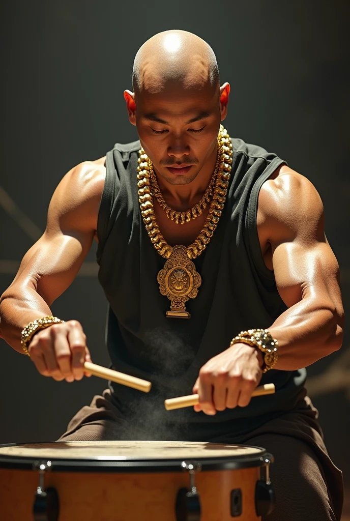 A bald Japanese man with a gold necklace playing drums