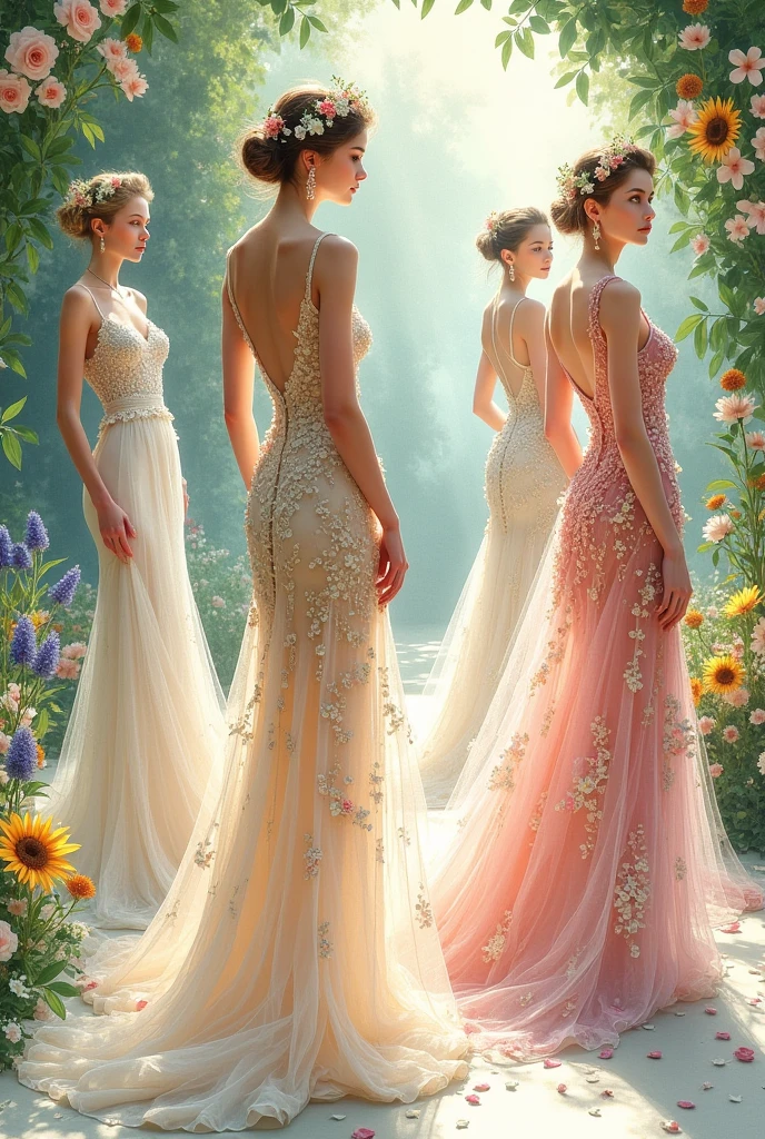 Create for me sketches of dresses inspired by flowers