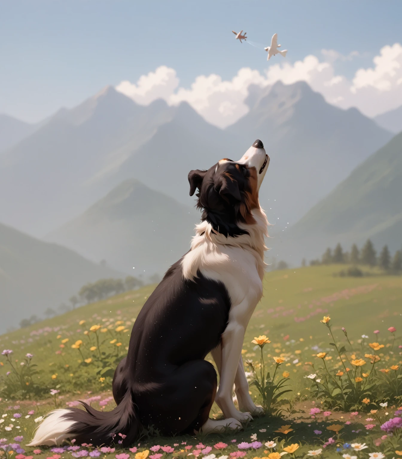 black and white border collie dog, white and brown, looking at flowers flying, no pissing style
