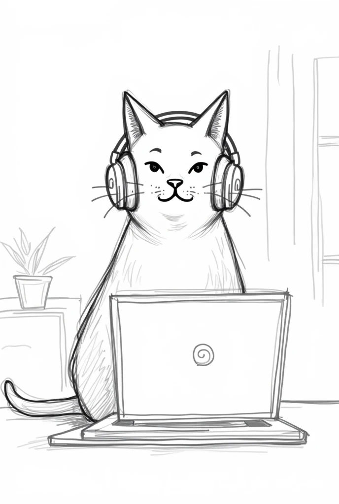 sketch (drawing) of a cat in a video call with clients and headphones 