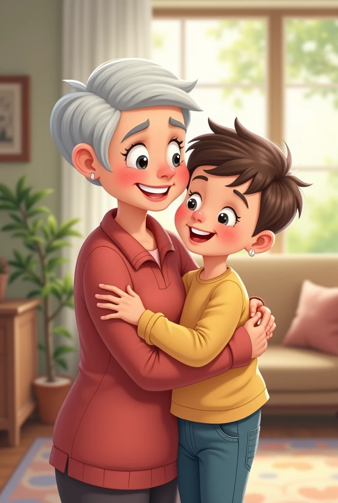 Cartoon illustration of a 50 year old woman with white pixie cut hair lovingly embracing her 6 year old grandson with brown buzz cut hair for Mother's Day 
