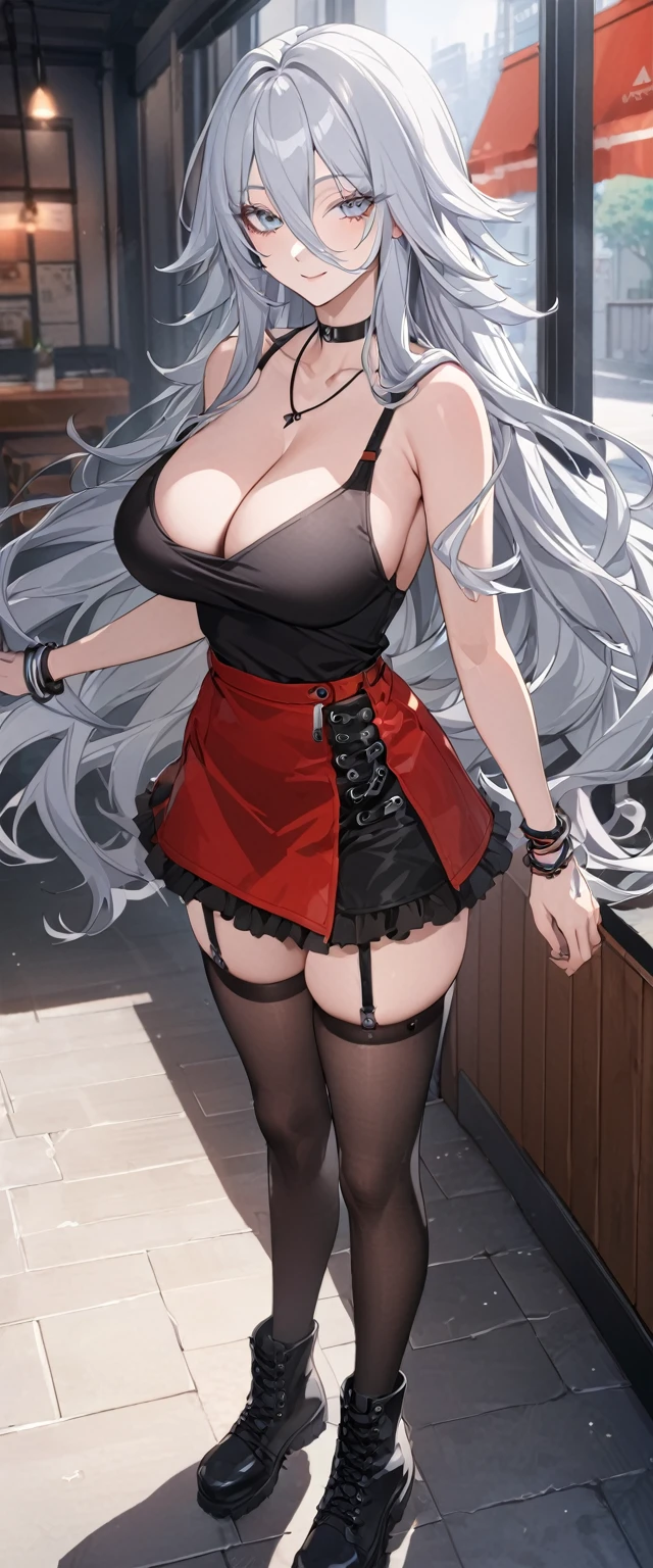 sovetsky_Soyuz, grey hair, long hair, choker, necklace, bracelets, bare shoulder, thigh high stocking, black tanktop, red short skirt, frilly skirt, Boots, large breasts, cleavage, first rate breasts, grey eyes, sharp eyes, Long eyelashes, symmetrical eyes, eye shadow, ominous vibe, expressionless, smiling, relaxing, anime, aesthetic, Anime screenshot, Ultra quality, UHD, high detail, morning, restaurant, standing, one girl, full body