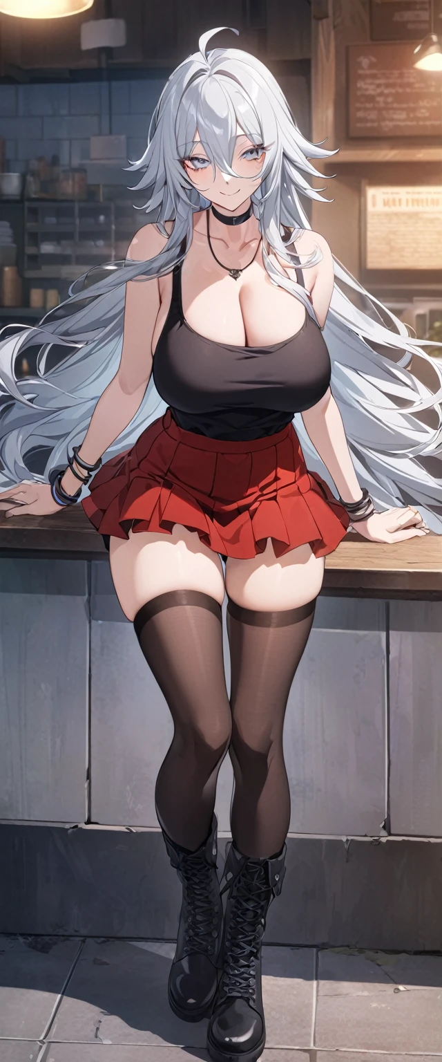 sovetsky_Soyuz, grey hair, long hair, choker, necklace, bracelets, bare shoulder, thigh high stocking, black tanktop, red short skirt, frilly skirt, Boots, large breasts, cleavage, first rate breasts, grey eyes, sharp eyes, Long eyelashes, symmetrical eyes, eye shadow, ominous vibe, expressionless, smiling, relaxing, anime, aesthetic, Anime screenshot, Ultra quality, UHD, high detail, morning, restaurant, standing, one girl, full body