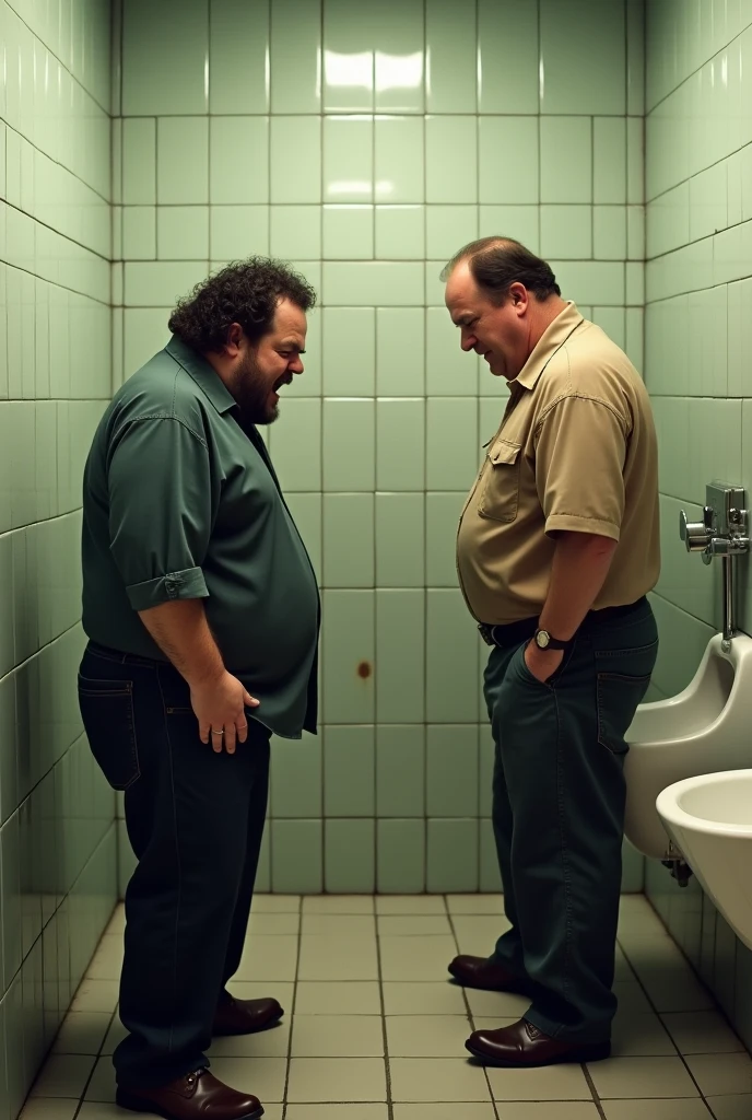Jack Black desperate to pee clutching his crotch, friends with the other rear shot/Kevin Chamberlin peeing on the urinal.