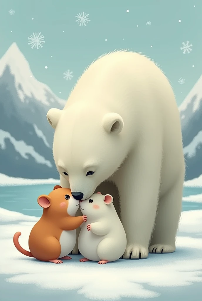 A polar bear and a hamster kissing