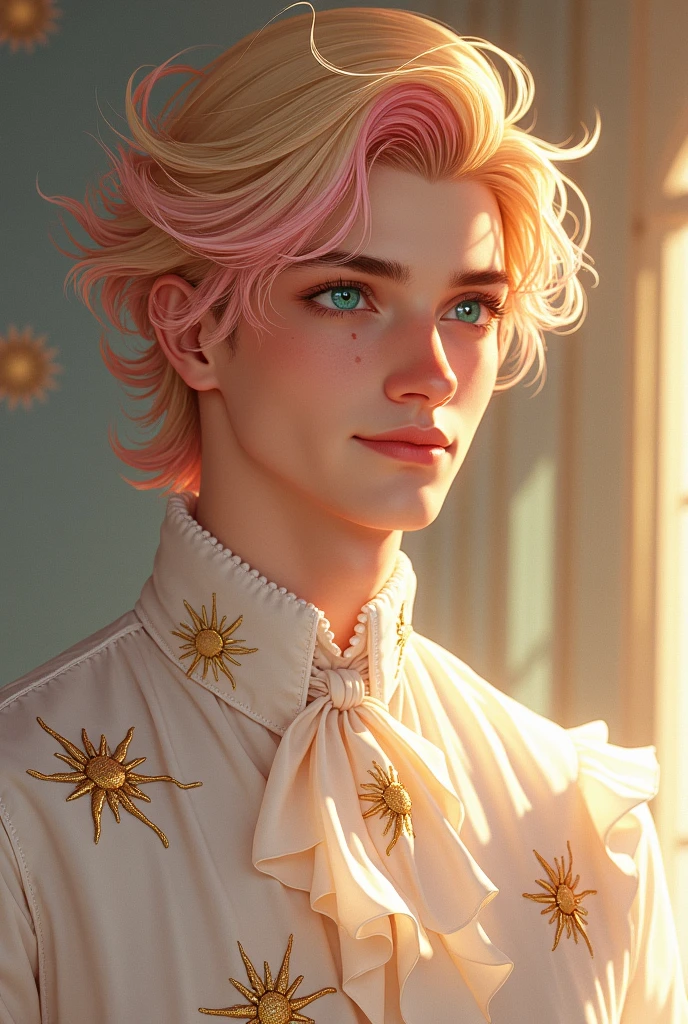 Very handsome young blond man with sun-blonde hair and a pink streak. Your eyes are bright blue-green and very beautiful. He wears a white blouse with ruffles and golden embroidered suns.. Her hair is voluminous. He has a mole next to his left eye..
He has a very beautiful and happy smile..