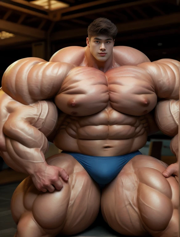 1boy, giant, asian, solo, giant bodybuilder, illuminating light, strong body, bulk, large size, sitting in any place, indoor, nude, blue triangular underwear with enormous bulge, extraordinary big, brutalmass, giant muscular body, bulk, buff, massive body, large meaty body size, extremely wide body